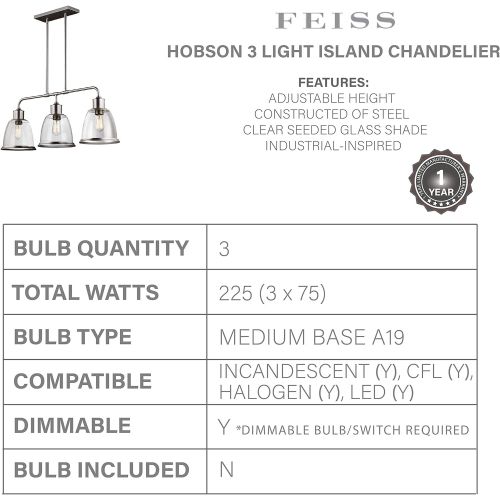  Feiss F30193ORB Hobson Island Chandelier Lighting, Bronze, 3-Light (36W x 14H) 225watts
