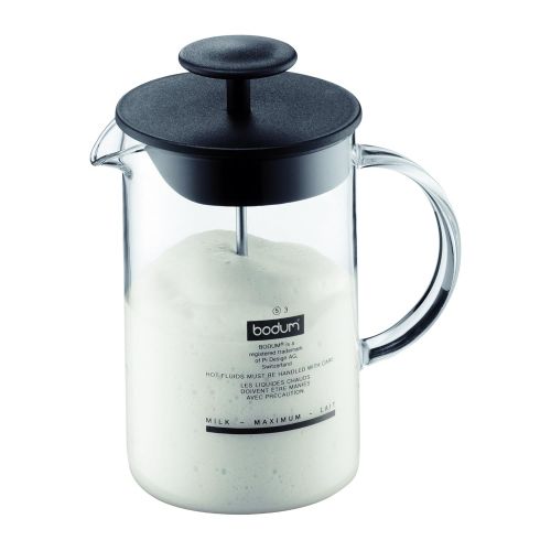  Bodum 1548-01 BRAZIL Kaffeebereiter (French Press System, Permanent Edelstahl-Filter, 1,0 liters) schwarz & 1446-01 Milchschaumer mit Glasgriff Latteo, schwarz