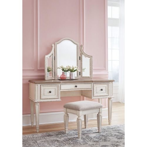  Signature Design by Ashley Realyn Vanity and Mirror with Stool Chipped White
