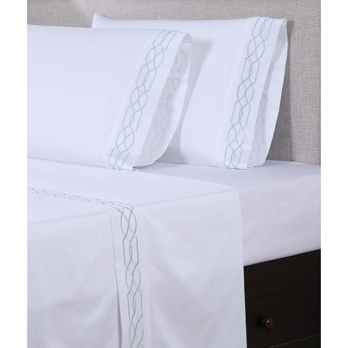  Affluence 600 Thread Count 100% Cotton Embroidered Sheet Sets - Lattice Pattern (King Sheet Set, White/Spa Blue)