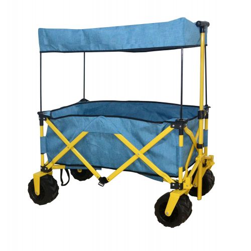  Compact Folded Jumbo Wheel Blue Folding Wagon All Purpose Garden Utility Beach Shopping Travel CART Outdoor Sport Collapsible with Canopy Cover - Easy Setup NO Tool Necessary - Spa