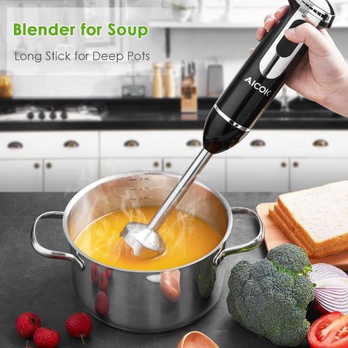  AICOK Hand Blender, Aicok 4-in-1 Immersion Stick Blender 6-Speed Electric Hand Mixer Stainless Steel Set Includes Food Chopper, Whisk, and BPA Free Beaker Attachments