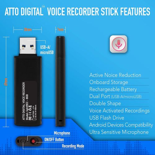  Attodigit@l Slim Voice Activated Recorder  USB Flash Drive | 26 Hours Battery | 8GB - 94 Hours Capacity | 512 Kbps Audio Quality | Easy to Use USB Memory Stick Sound Recorder | lightREC by aT