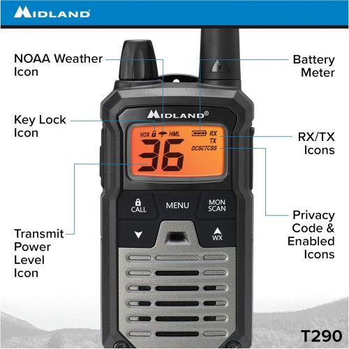  Midland - X-TALKER T290VP4, 36 Channel GMRS GMRS Two-Way Radio - Up to 40 Mile Range Walkie Talkie, 121 Privacy Codes, NOAA Weather Scan + Alert (Pair Pack) (Black/Silver)