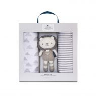 Living Textiles Baby Bento Gift Set. 2-Pack 100% Cotton Muslin Swaddle Blankets with Austin Lion Rattle