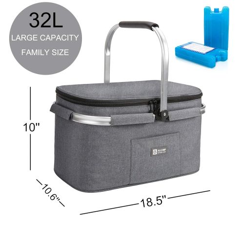  apollo walker Lightweight Picnic Basket Insulated Cooler Bags for 4 Person 32L Large Family Size with 2 Ice Packs(Dark Gray)