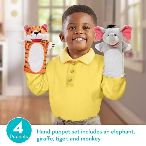  Melissa & Doug Zoo Friends Hand Puppets, Puppet Sets, Elephant, Giraffe, Tiger, and Monkey, Soft Plush Material, Set of 4, 14” H x 8.5” W x 2” L