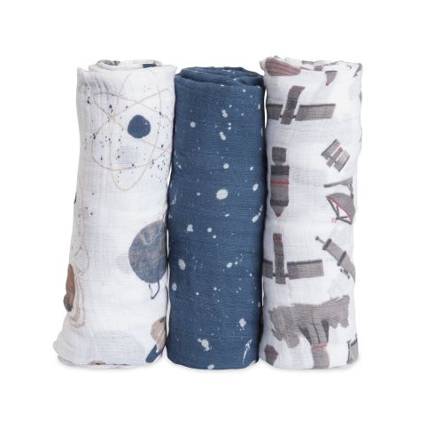 Little Unicorn Cotton Muslin Swaddle Blankets (set Of 3) - Ground Control, Blue, Brown, Black