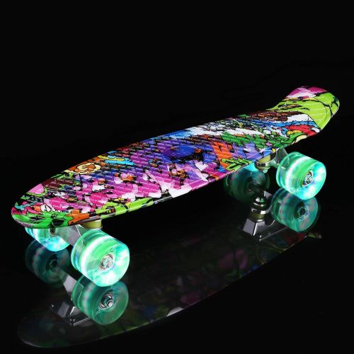  WeSkate Mini Cruiser Skateboard Retro Komplettboard, 22 55cm Vintage Skate Board mit Kunststoff Deck und blinkenden LED-rollen, Cruiser-Board mit LED Leuchtrollen fuer Erwachsene Ki