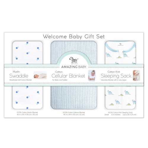  Amazing Baby Gift Set, 3-Piece Set, Cotton Sleeping Sack, Muslin Swaddle, Cellular Blanket, Sunwashed Blue