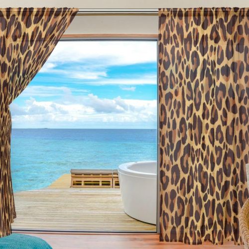  WOZO Bright Leopard Print Window Sheer Curtain Panels 55x 84, 2-Piece Glitter Animal Fur Modern Window Treatment Panel for Children Kids Home Living Dining Room Decoration