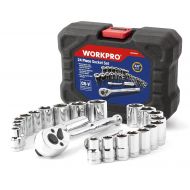 WORKPRO 24 Pieces Drive Socket Set, 3/8 SAE and Metric Sockets with 72-Teeth Solid Ratchet Handle and Extension Bar in Compact Blow Molded Case