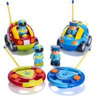[아마존핫딜][아마존 핫딜] Prextex Pack of 2 Cartoon R/C Police Car and Race Car Radio Control Toys for Kids- Each with Different Frequencies So Both Can Race Together