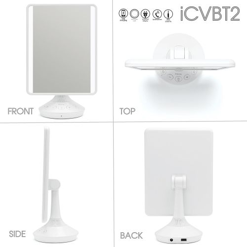  iHome 7 x 9 Reflect iCVBT2 Adjustable Vanity Mirror with Bluetooth Audio, Hands-Free Speakerphone, LED Lighting, Siri & Google Support USB Charging, Flat Panel LED Lighting (White)