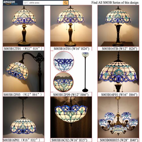  WERFACTORY Tiffany Style Reading Floor Lamp Stained Glass White Blue Baroque Lampshade in 64 Inch Tall Antique Arched Base for Girlfriend Bedroom Living Room Lighting Table Set S003B WERFACTO