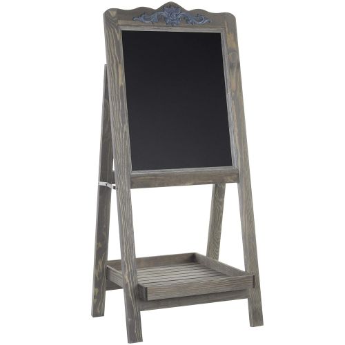  MyGift Rustic Graywashed Wooden Easel Chalkboard Sign with Plant Shelf
