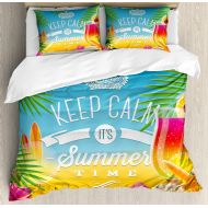 Ambesonne Beach Duvet Cover Set, Its Summer Time Colorful Tropic Arrangement Surfing Holiday Exotic Palm Tree Pattern, Decorative 3 Piece Bedding Set with 2 Pillow Shams, King Size