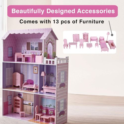  Teamson Kids - Fancy Mansion Wooden Doll House with 13 pcs Furniture for 12 Dolls