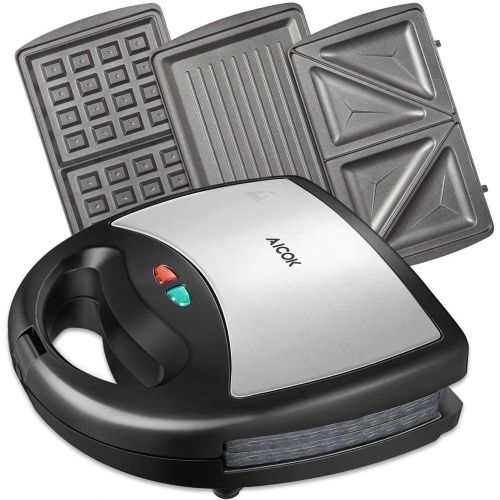  AICOK Aicok Sandwich Maker, Waffle maker, Sandwich toaster, 750-Watts, 3-in-1 Detachable Non-stick Coating, LED Indicator Lights, Black