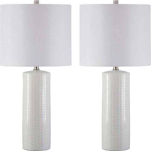  Signature Design by Ashley Ashley Furniture Signature Design - Steuben Textured Ceramic Table Lamp Set with Drum Shades - Contemporary - Set of 2 - White