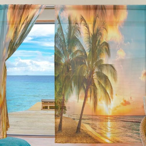  WOZO Summer Tropical Palm Tree Window Sheer Curtain Panels 55x 84, 2-Piece Sea Beach Sunset Modern Window Treatment Panel for Children Kids Home Living Dining Room Playroom Decorat