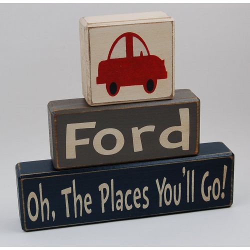  Blocks Upon A Shelf Primitive Country Wood Stacking Sign Blocks-Kids Room Decor-Oh The Places Youll Go-Car Personalized Name