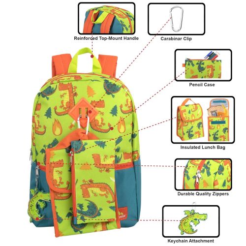  Trail maker Trailmaker 5 in 1 Full Size Character School Backpack and Lunch Bag Set For Boys (Dragons)