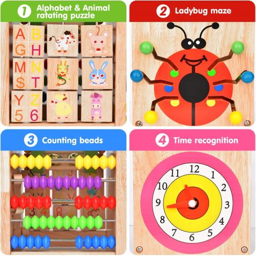  Amagoing 6-in-1 Activity Cube Multifunction Bead Maze Roller Coaster Classic Wooden Educational Toys for Kids