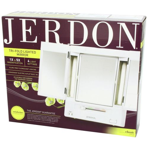  Jerdon Tri-Fold Two-Sided Lighted Makeup Mirror with 5x Magnification, White Finish