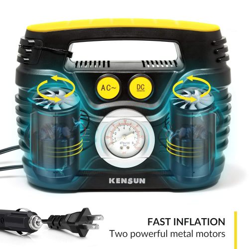  Kensun Portable Air Compressor Pump for Car 12V DC and Home 110V AC Swift Performance Tire Inflator 100 PSI for Car - Bicycle - Motorcycle - Basketball and Others with Analog Press