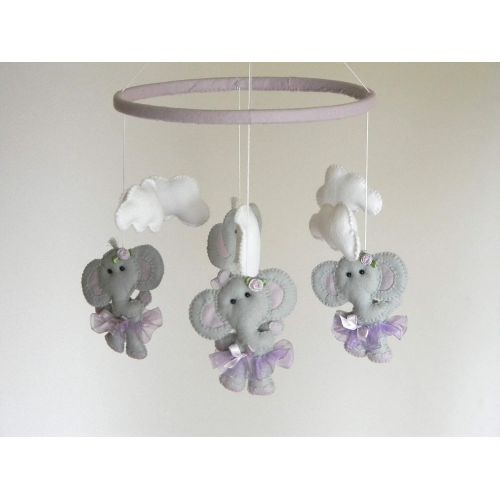  RainbowSmileShop Elephant Baby Crib Mobile, ballerina Cot Mobile, Elephant tutu Nursery Mobile, gray purple lavender nursery decor, lavender nursery bedding