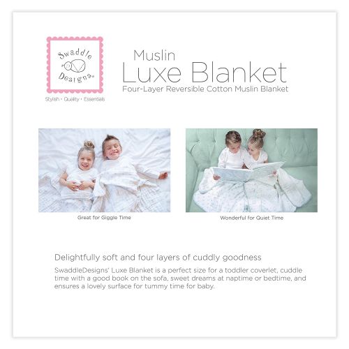  SwaddleDesigns 4-Layer Cotton Muslin Luxe Blanket, Cuddle and Dream, Sterling Goodnight and Dots