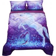 Wowelife Unicorn Twin Bedding 3D Purple Butterfly and Snowflake Kids Unicorn Theme 4 Piece Duvet Cover Set(Twin)