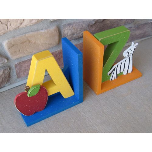  Lisabees Craft and Design A to Z bookends for children library, bookshelf, Apple, Zebra