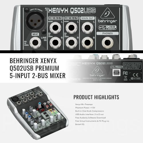  Photo Savings Behringer Xenyx Q502USB Premium 5-Input 2-Bus Mixer with Basic Accessory Bundle