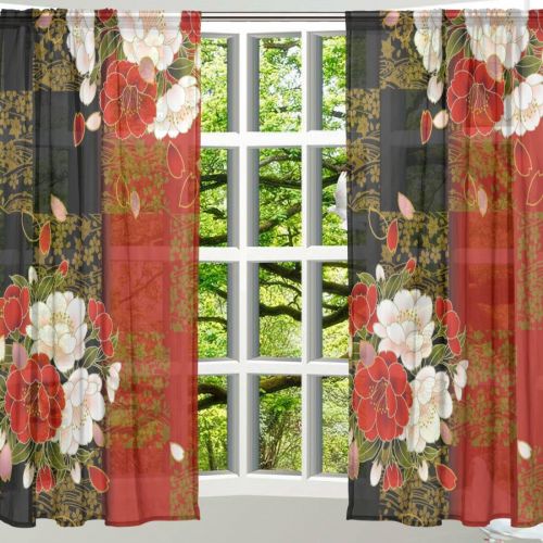  ALAZA Window Sheer Curtain Panels,Christmas Decoration Art Japanese Style Floral Black Red,Door Window Gauze Curtains Living Room Bedroom Kid Office Window Curtain 55x84inch Two Pa