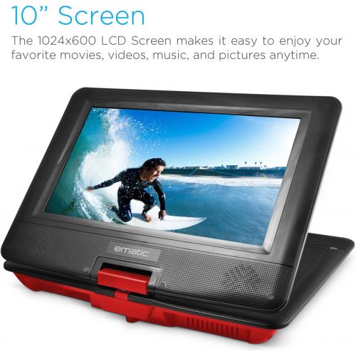  Visit the Ematic Store Ematic Portable DVD Player with 10-inch LCD Swivel Screen, Headphones and Car Headrest Mount, Red