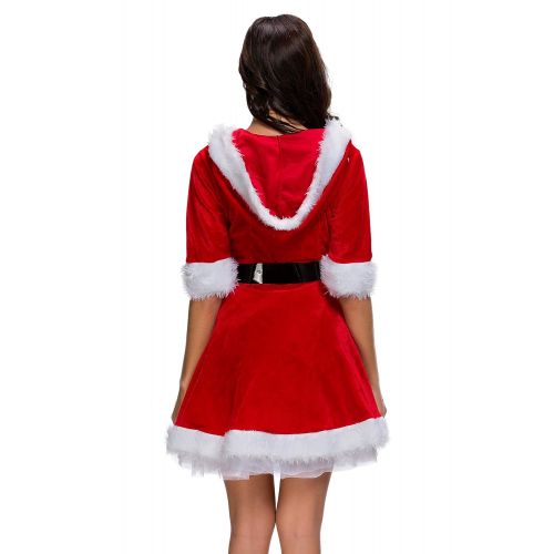  Simplecc Mrs. Claus Costume Christmas Role Play Outfits Hooded Dress for Women
