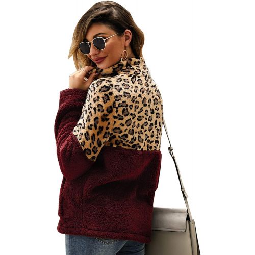  [아마존 핫딜] Angashion Womens Long Sleeve Half Zip Up Warm Fuzzy Leopard Print Patchwork Fleece Pullover Tops with Pocket for Winter