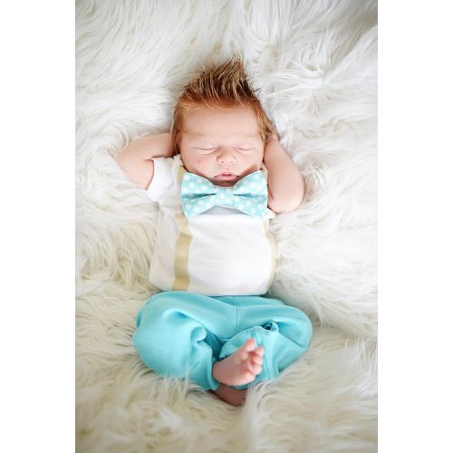  Cuddle Sleep Dream Baby Boy Coming Home Outfit With Bow Tie and Suspenders in Aqua
