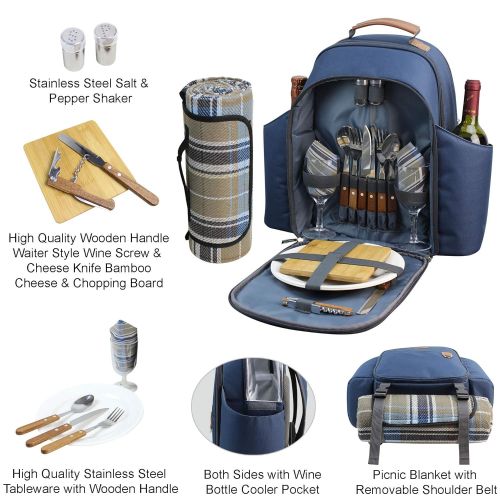  HappyPicnic Insulated Picnic Backpack for 2 Persons with Full Set of Tablewares, Roomy Cooler Compartment, Bottle Holders and Large Waterproof Picnic Rug (Navy Blue)