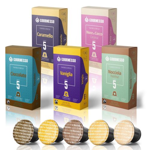  Gourmesso Flavor Bundle - 100 Nespresso Compatible Coffee Capsules - 100% Fair Trade | Includes Vanilla, Caramel, Chocolate, Hazelnut, and Coconut Flavored Espresso Pods