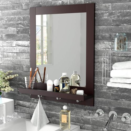  Homfa Bathroom Wall Mirror Vanity Mirror Makeup Mirror Framed Mirror with Shelf and 3 Hanging Hooks Multipurpose for Home, Dark Brown …