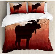 Girls bedding Ambesonne Moose Duvet Cover Set, Antlers in Wild Alaska Forest Rusty Abstract Landscape Design Deer Theme Woods, Decorative 3 Piece Bedding Set with 2 Pillow Shams, Queen Size, Pea