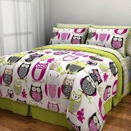 Bedding 6pc Girl Green Pink Owl Zebra Bird Twin Comforter Set (Bed in a Bag)