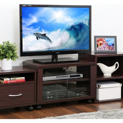  Furinno Indo FL-600EX 3-Tier Petite TV Stand with Glass Doors and Casters, Espresso
