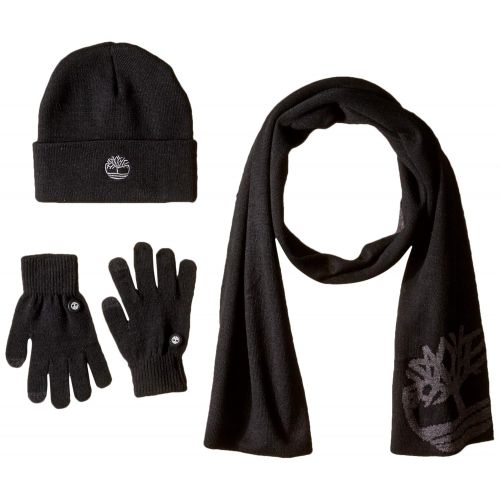 팀버랜드 Timberland Mens Double Layer Scarf, Cuffed Beanie & Magic Glove Gift Set, Black, One Size