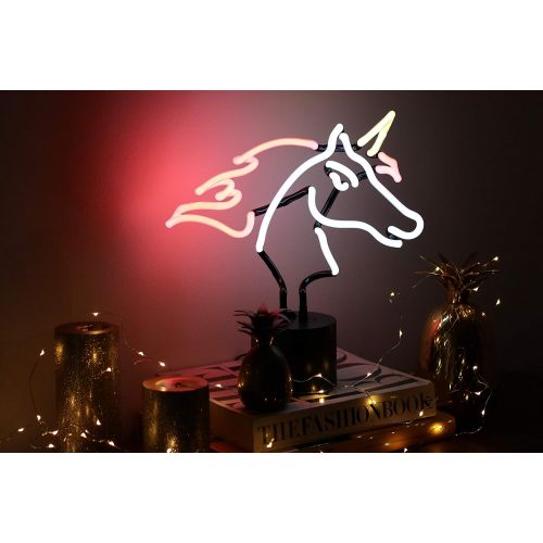  Amped & Co Neon Unicorn Light Novelty Desk Lamp, Large 11.3x12.1, WhiteYellowPink Glow