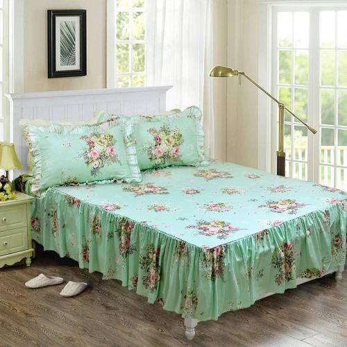 FADFAY Shabby Green Floral Bedding 100% Cotton Princess Lace Ruffle Girls Duvet Cover Set with Bedskirt, 4Pcs, Queen Size