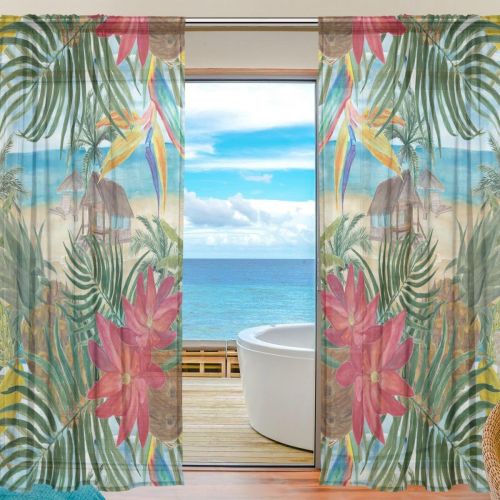  ALAZA Sheer Curtain Tropical Beach Flower Pineapple Voile Tulle Window Curtain for Home Kitchen Bedroom Living Room 55x84 inches 2 panels